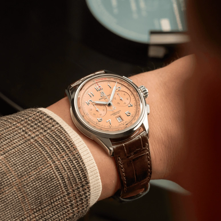 Breitling,Other 42mm,42mm,Stainless Steel,Rose,Salmon,Automatic,Chronograph,Day,AB0145331K1P1