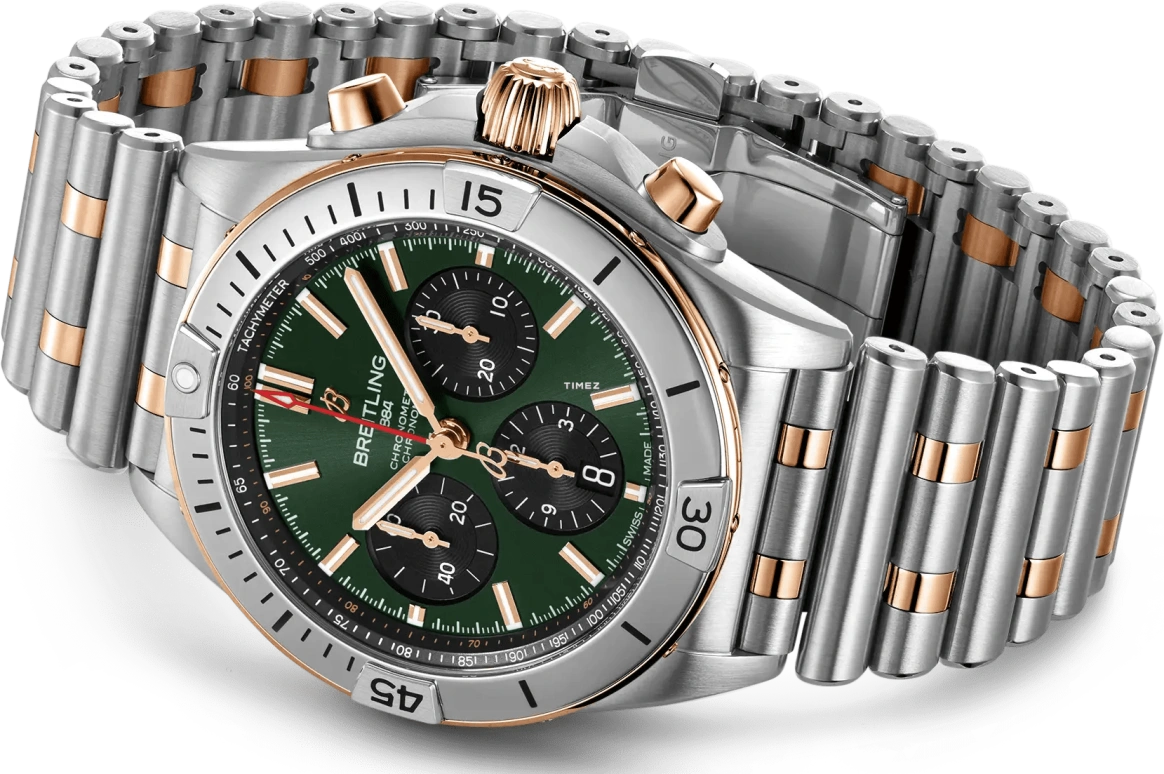 Breitling,Chronomat 42mm,42mm,Stainless Steel,Red Gold,Green,Automatic,Chronograph,Day,UB0134131L1U1
