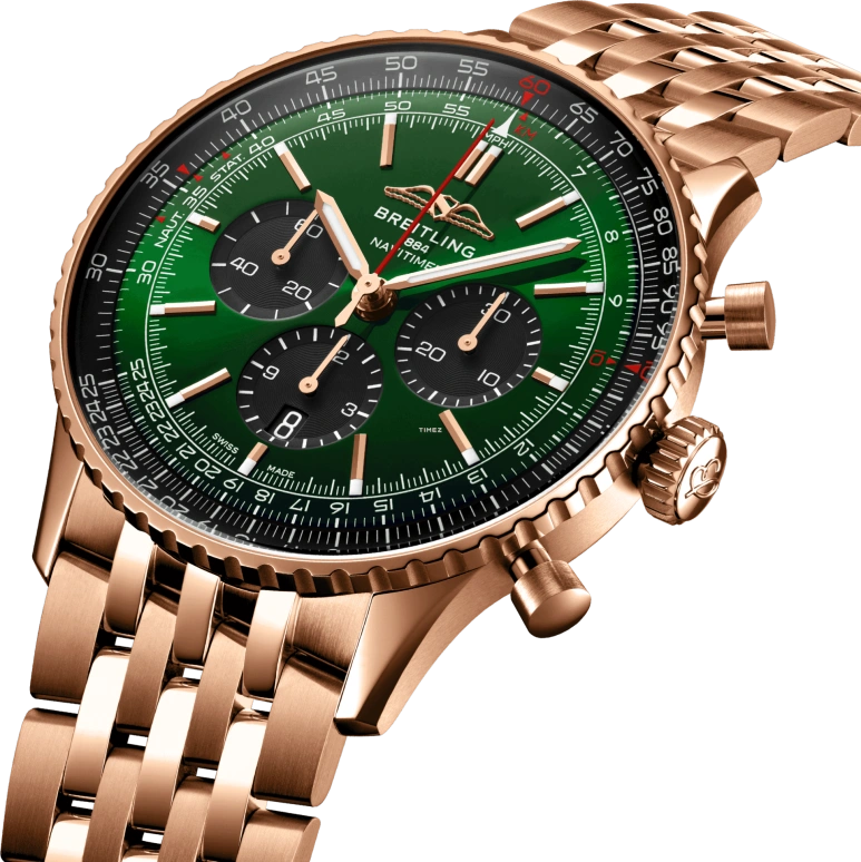 Breitling,Navitimer 46mm,46mm,Red Gold,Green,Automatic,Chronograph,Day,RB0137241L1P1