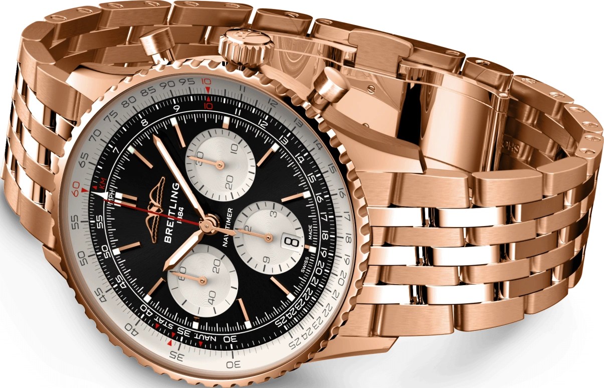 Breitling,Navitimer 43mm,43mm,Red Gold,Black,Automatic,Chronograph,Day,RB0138211B1R1