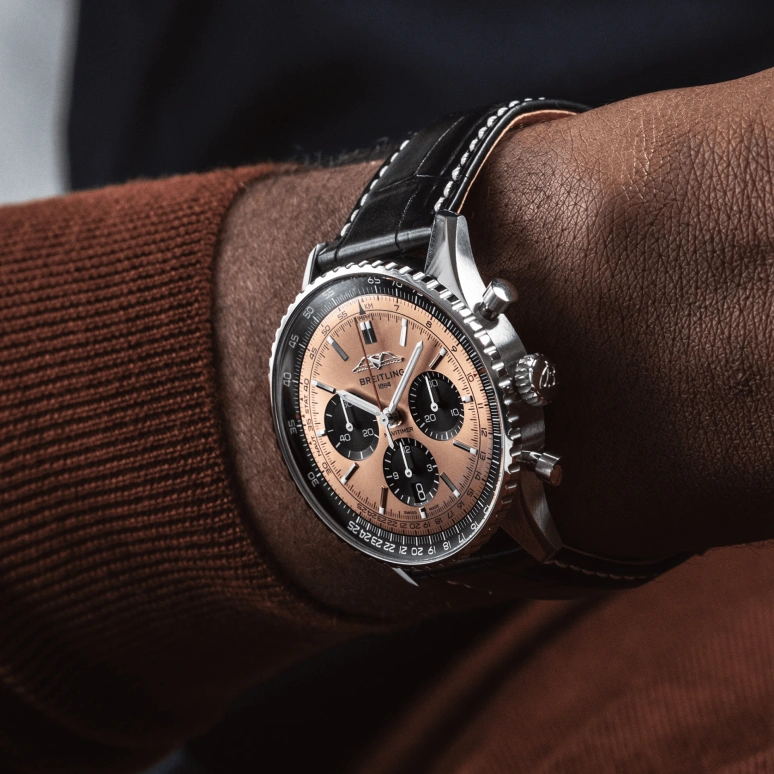 Breitling,Navitimer 43mm,43mm,Stainless Steel,Salmon,Black,Automatic,Chronograph,Day,AB0138241K1P1