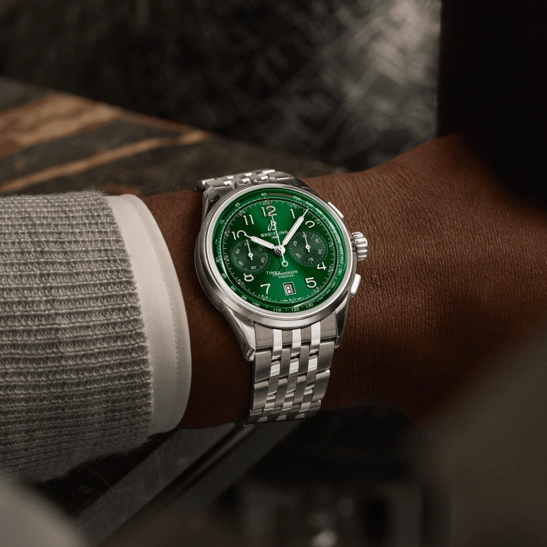 Breitling,Other 42mm,42mm,Stainless Steel,Green,Automatic,Chronograph,Day,AB0145371L1A1