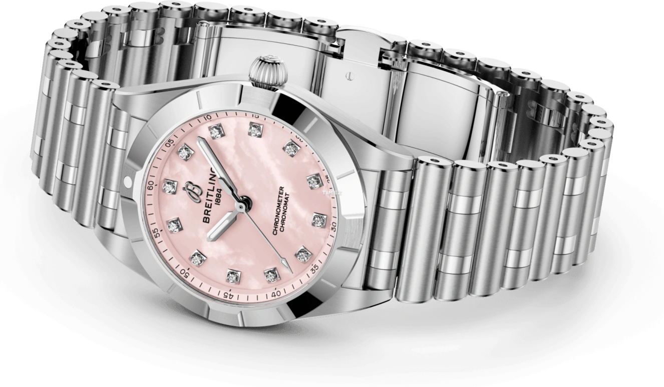 Breitling,Chronomat 28mm,28mm,Stainless Steel,Pink,Quartz,In-house Caliber,Sapphire,Crystal Glass,A72310101K1A1
