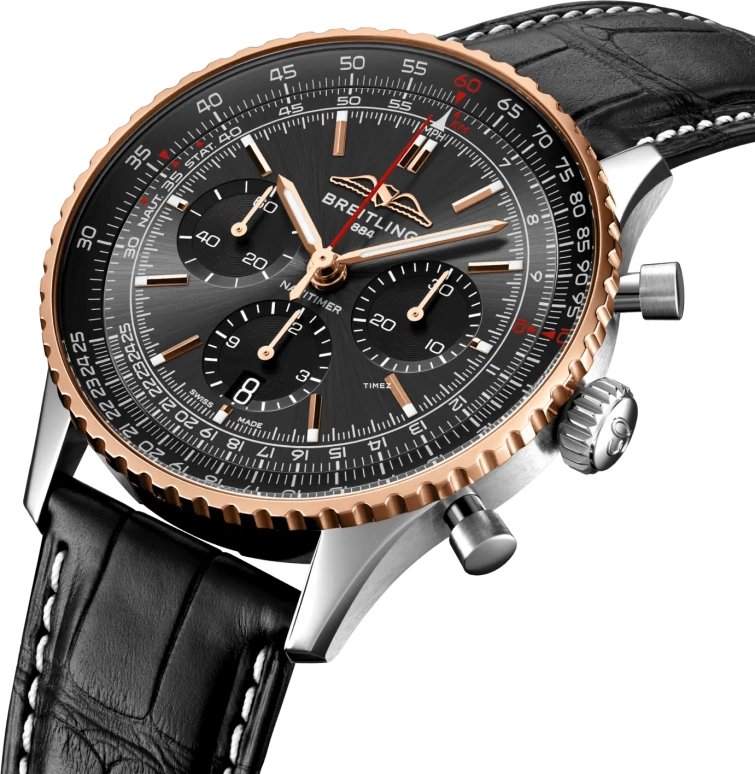 Breitling,Navitimer 43mm,43mm,Stainless Steel,Red Gold,Black,Automatic,Chronograph,Day,UB01384A1B1P1