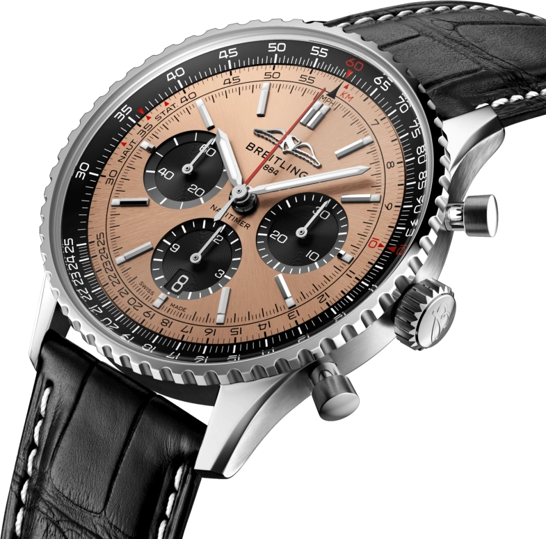 Breitling,Navitimer 43mm,43mm,Stainless Steel,Salmon,Black,Automatic,Chronograph,Day,AB0138241K1P1