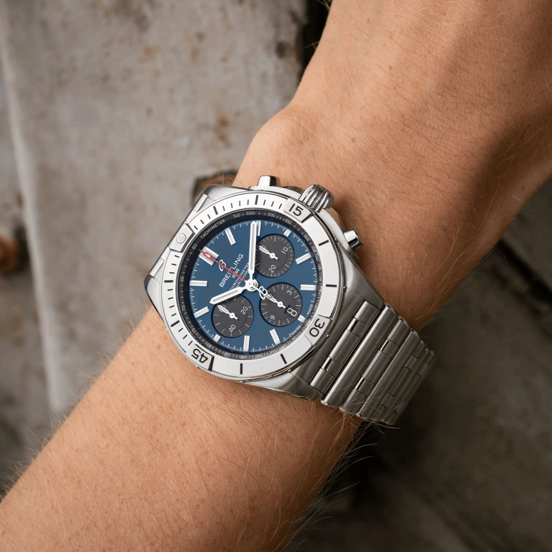 Breitling,Chronomat 42mm,42mm,Stainless Steel,Blue,Automatic,Chronograph,Day,Column Wheel,AB0134101C1A1