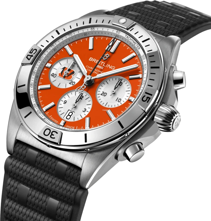 Breitling,Chronomat 42mm,42mm,Stainless Steel,Orange Red,Silver,Automatic,Chronograph,Day,AB01342B1O1S1