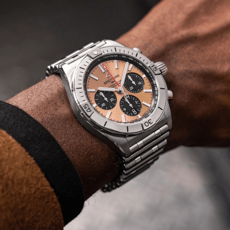 Breitling,Chronomat 42mm,42mm,Stainless Steel,Pink,Automatic,Chronograph,Day,Column Wheel,AB0134101K1A1