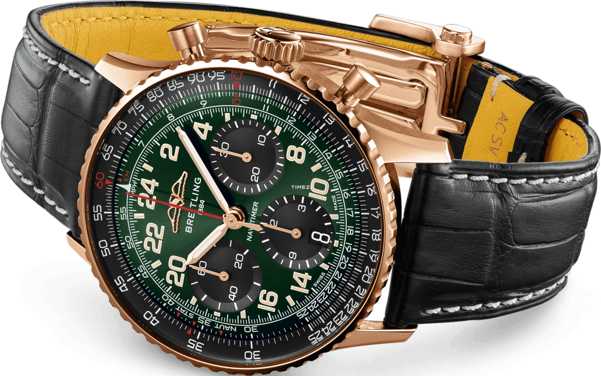 Breitling,Navitimer 41mm,41mm,Red Gold,Green,Black,Automatic,Day,Dule Time,RB12302A1L1P1