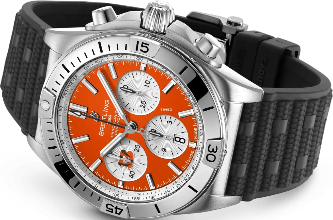 Breitling,Chronomat 42mm,42mm,Stainless Steel,Orange Red,Silver,Automatic,Chronograph,Day,AB01342B1O1S1