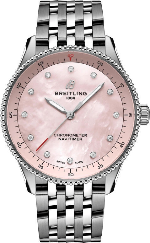 Breitling,Navitimer 32mm,32mm,Stainless Steel,Pink,Quartz,Chronograph,Sapphire,Crystal Glass,A77320D91K1A1