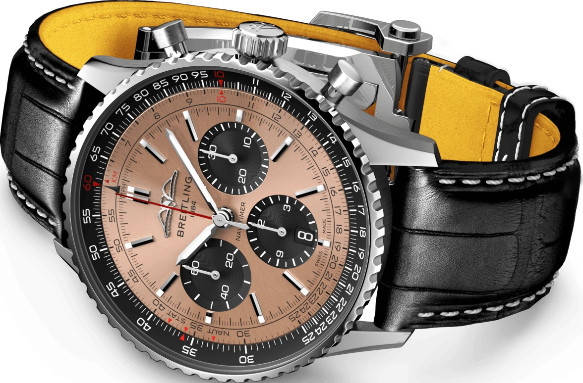 Breitling,Navitimer 43mm,43mm,Stainless Steel,Salmon,Black,Automatic,Chronograph,Day,AB0138241K1P1