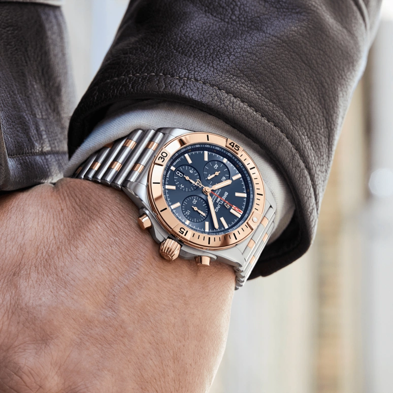 Breitling,Chronomat 42mm,42mm,Red Gold,Stainless Steel,Blue,Automatic,Chronograph,Day,Column Wheel,UB0134101C1U1