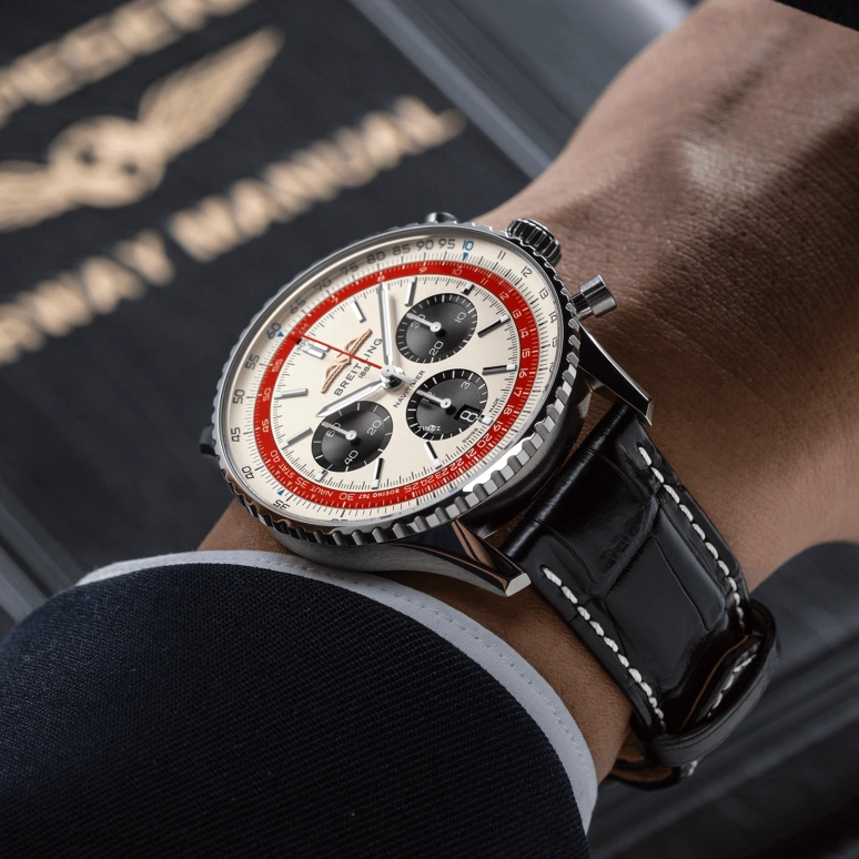Breitling,Other 43mm,43mm,Stainless Steel,Cream,White,Automatic,Chronograph,Day,AB01383B1G1P1