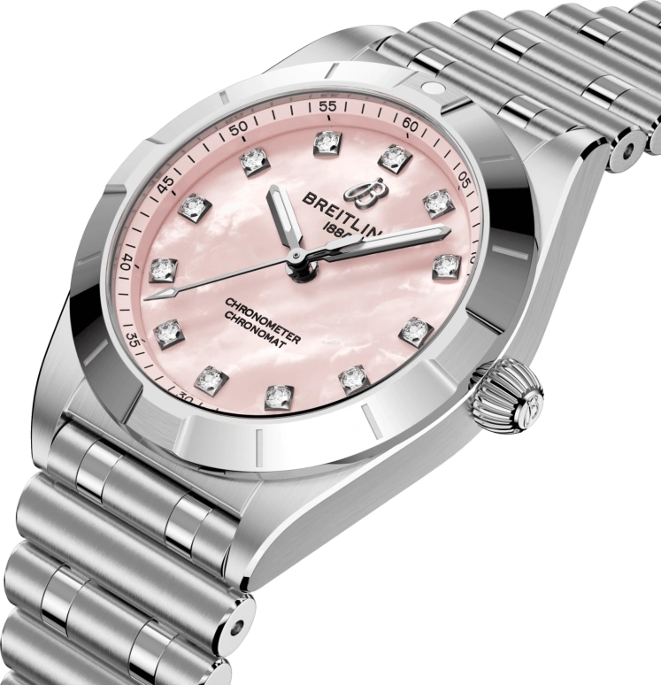 Breitling,Chronomat 28mm,28mm,Stainless Steel,Pink,Quartz,In-house Caliber,Sapphire,Crystal Glass,A72310101K1A1