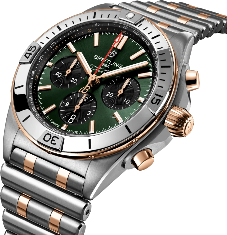 Breitling,Chronomat 42mm,42mm,Stainless Steel,Red Gold,Green,Automatic,Chronograph,Day,UB0134131L1U1