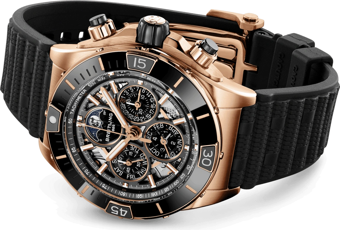 Breitling,Chronomat 44mm,44mm,Red Gold,Black,Skeleton,Automatic,Chronograph,Moonphase,Perpetual Calendar,Leap Year,96hours,In-house Caliber,RB19301A1G1S1