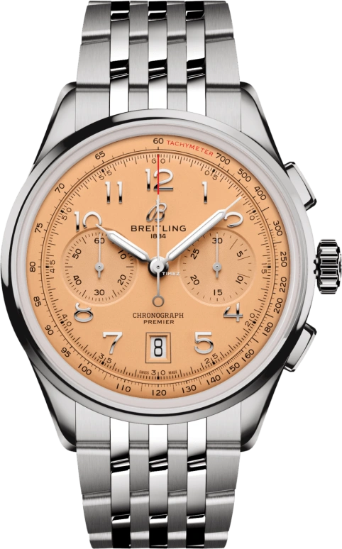 Breitling,Premier 42mm,42mm,Stainless Steel,Salmon,Automatic,Chronograph,Day,AB0145331K1A1