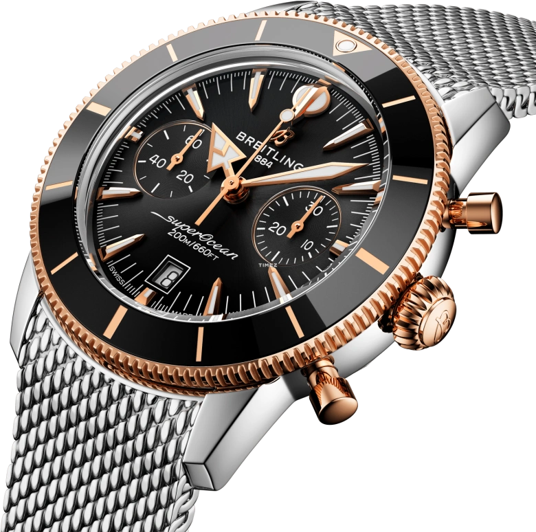 Breitling,Superocean Heritage 44mm,44mm,Stainless Steel,Red Gold,Black,Automatic,Chronograph,Day,UB0156H11B1A1