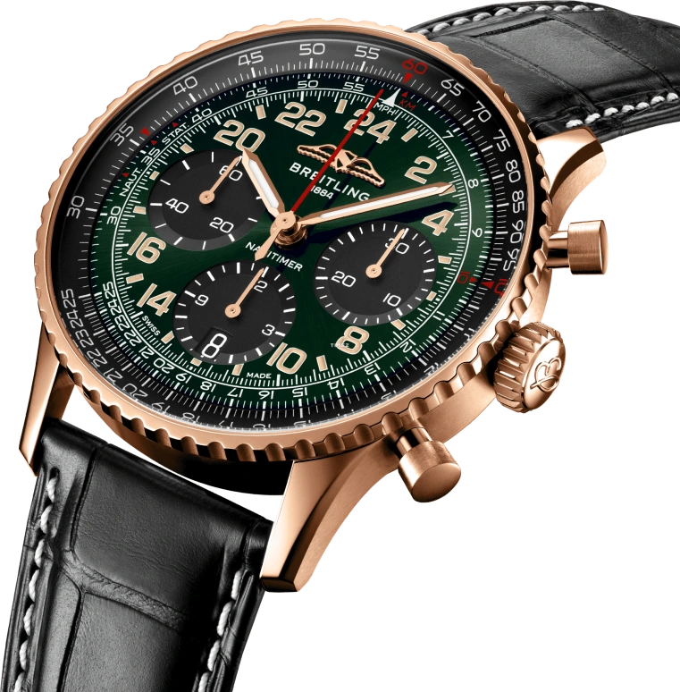 Breitling,Navitimer 41mm,41mm,Red Gold,Green,Black,Automatic,Day,Dule Time,RB12302A1L1P1