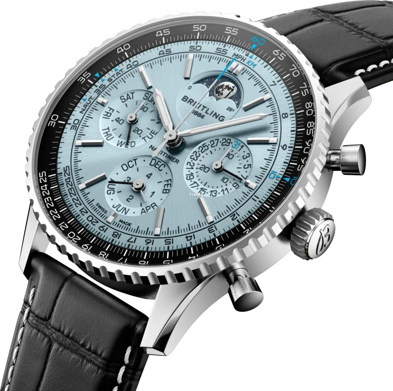 Breitling,Navitimer 43mm,43mm,Platinum,Stainless Steel,Ice Blue,Automatic,Chronograph,Moonphase,Perpetual Calendar,Leap Year,96hours,In-house Caliber,PB1920251C1P1