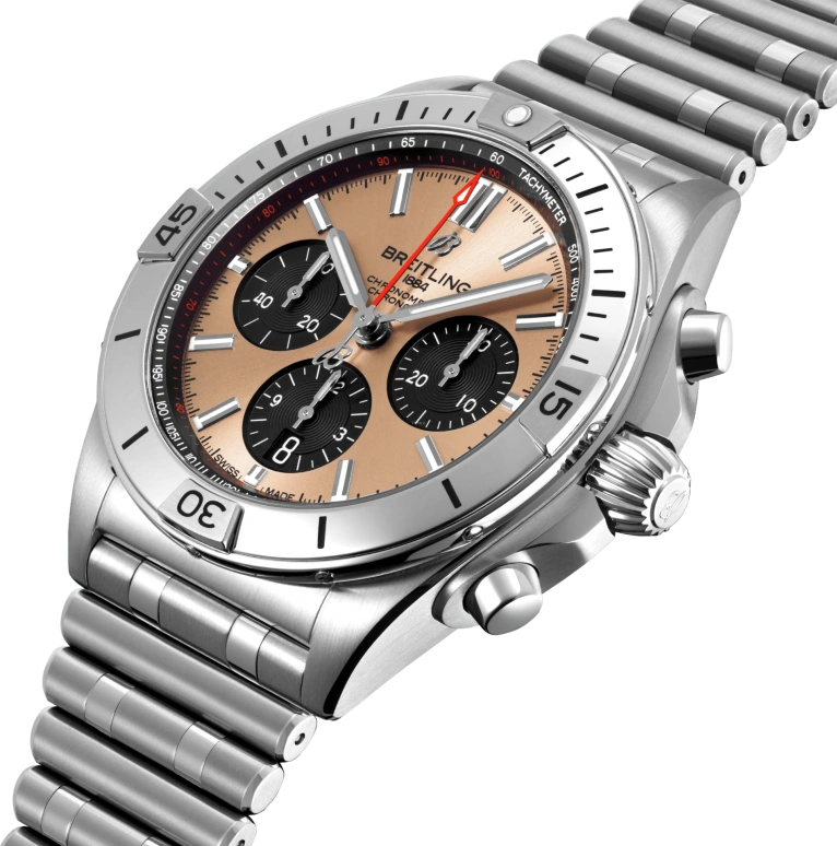 Breitling,Chronomat 42mm,42mm,Stainless Steel,Pink,Automatic,Chronograph,Day,Column Wheel,AB0134101K1A1