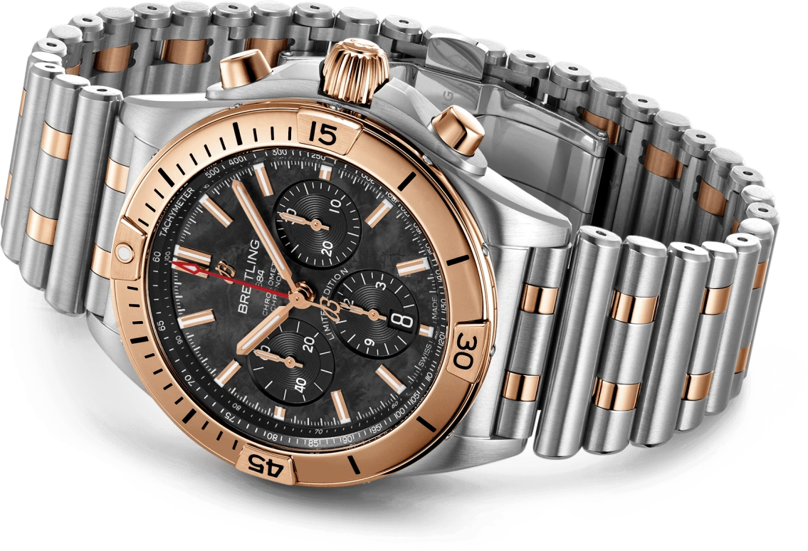 Breitling,Chronomat 42mm,42mm,Red Gold,Stainless Steel,Black,Automatic,Chronograph,Day,Column Wheel,UB01341A1B1U1