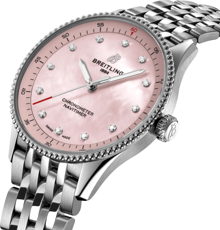 Breitling,Navitimer 32mm,32mm,Stainless Steel,Pink,Quartz,Chronograph,Sapphire,Crystal Glass,A77320D91K1A1