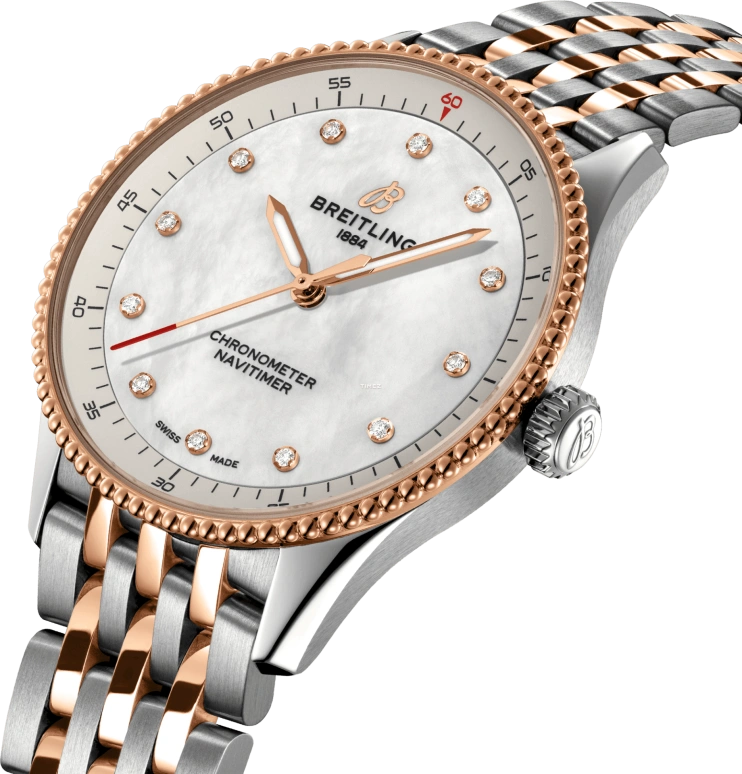 Breitling,Navitimer 32mm,32mm,Stainless Steel,Red Gold,White,Quartz,Chronograph,Sapphire,Crystal Glass,U77320E61A1U1