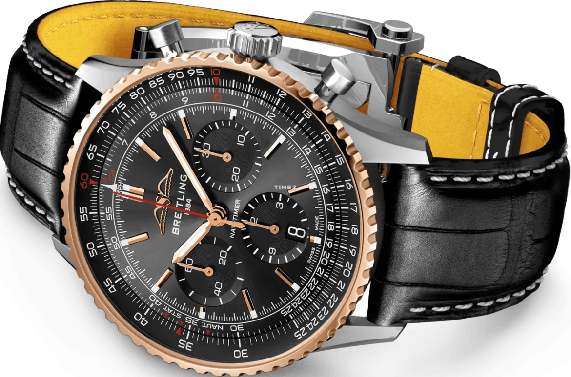 Breitling,Navitimer 43mm,43mm,Stainless Steel,Red Gold,Black,Automatic,Chronograph,Day,UB01384A1B1P1