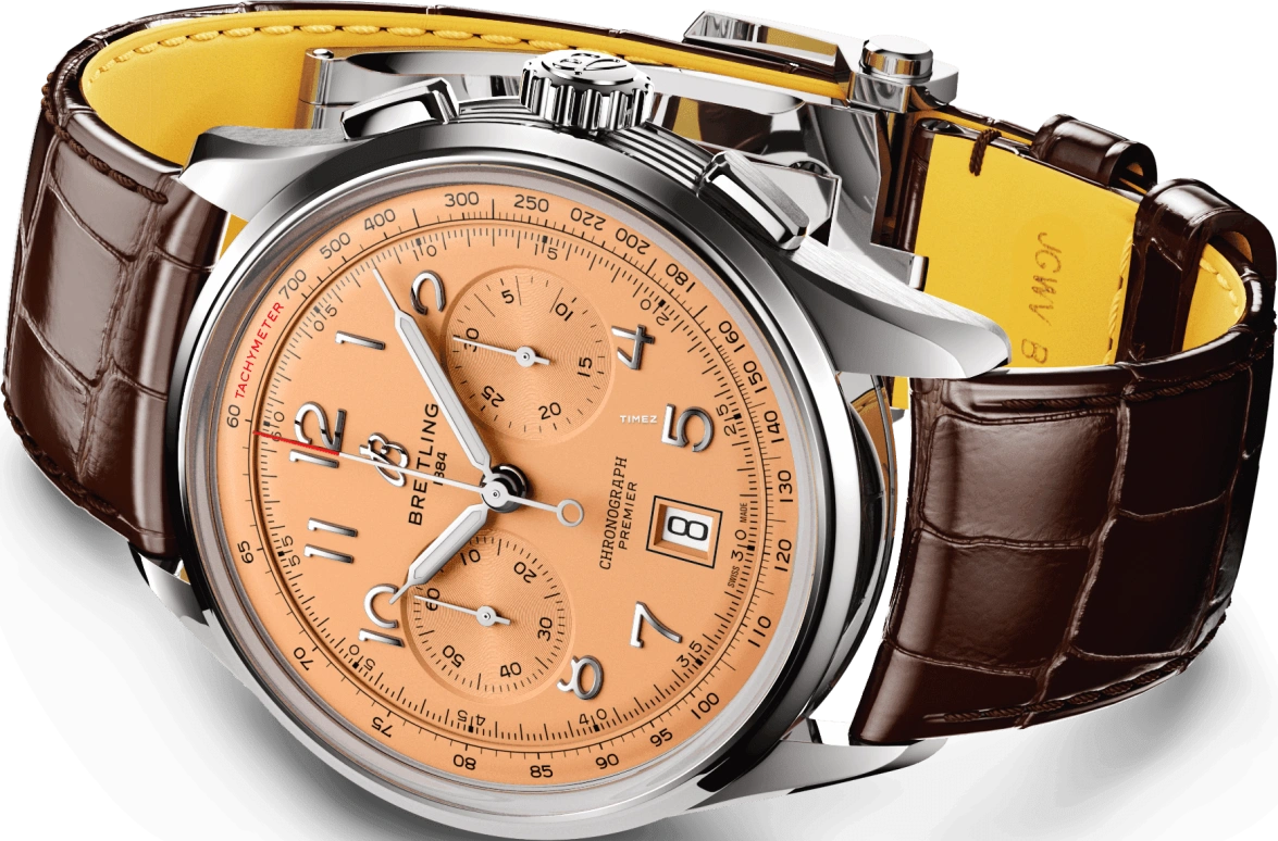 Breitling,Other 42mm,42mm,Stainless Steel,Rose,Salmon,Automatic,Chronograph,Day,AB0145331K1P1