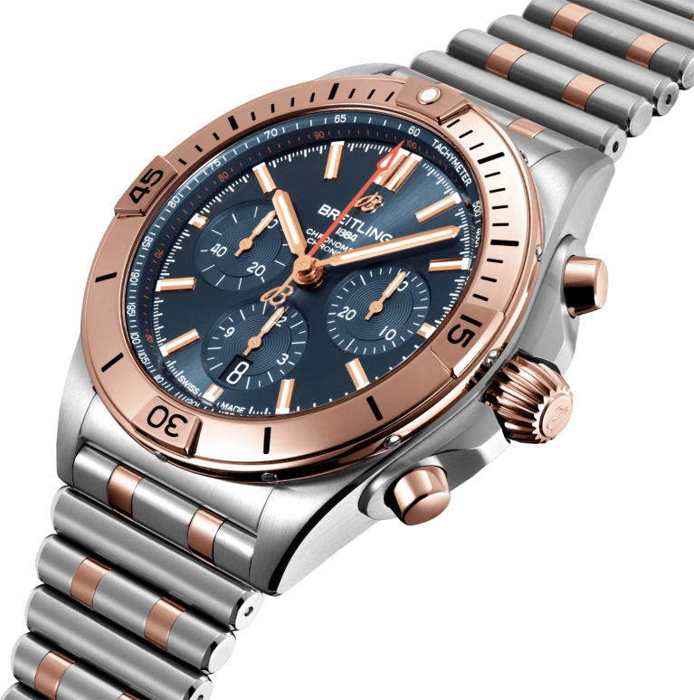 Breitling,Chronomat 42mm,42mm,Red Gold,Stainless Steel,Blue,Automatic,Chronograph,Day,Column Wheel,UB0134101C1U1