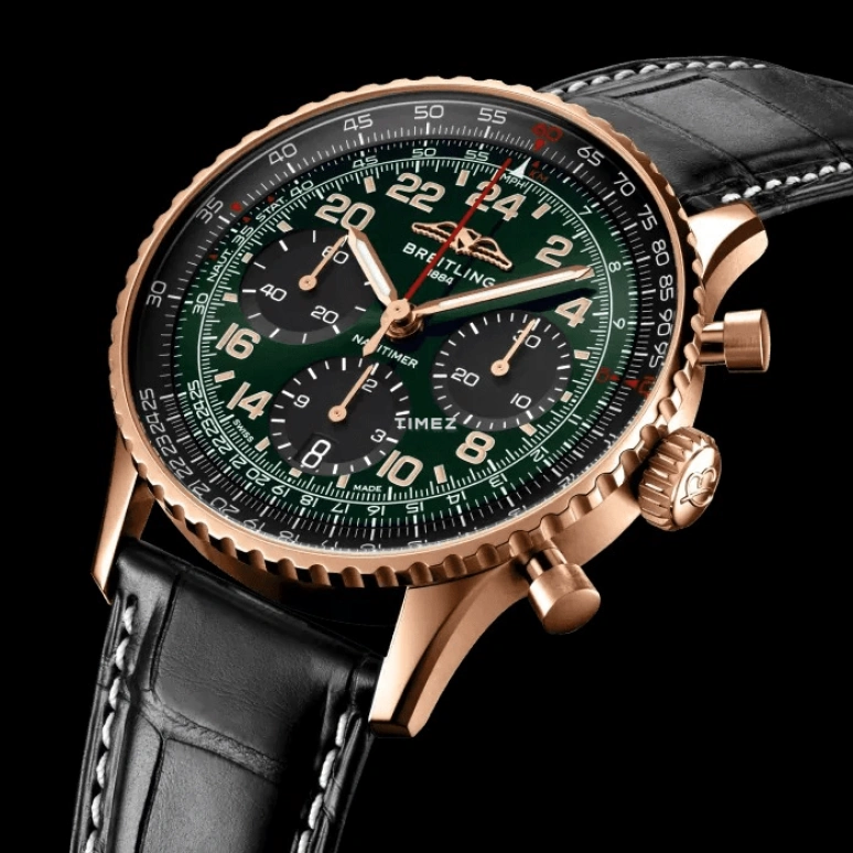 Breitling,Navitimer 41mm,41mm,Red Gold,Green,Black,Automatic,Day,Dule Time,RB12302A1L1P1