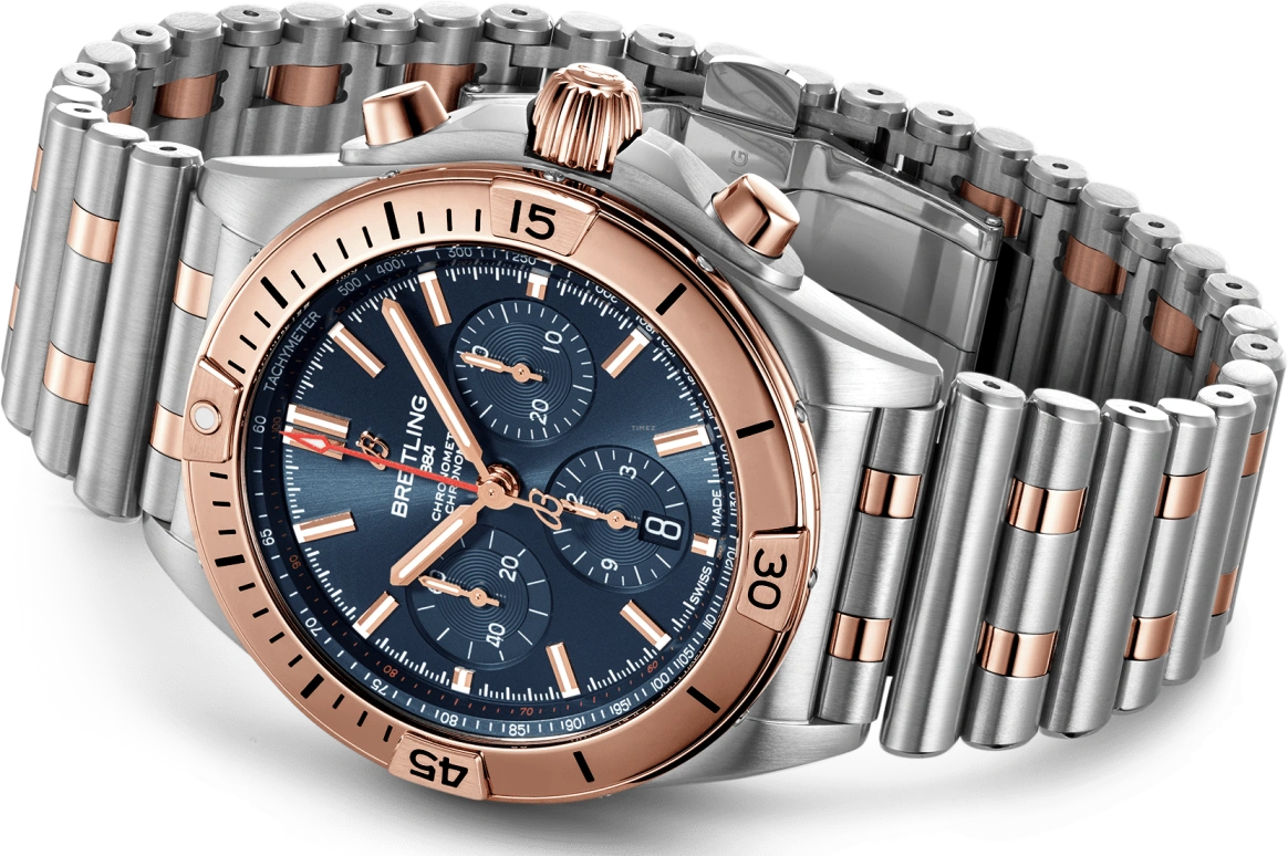 Breitling,Chronomat 42mm,42mm,Red Gold,Stainless Steel,Blue,Automatic,Chronograph,Day,Column Wheel,UB0134101C1U1