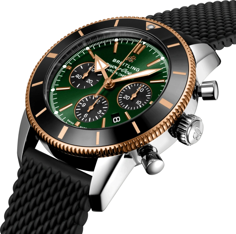 Breitling,Superocean Heritage 44mm,44mm,Red Gold,Stainless Steel,Green,Automatic,Chronograph,Day,UB01622A1L1S1