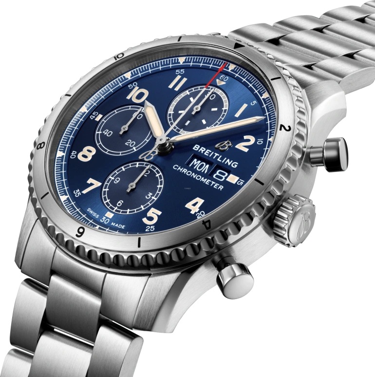 Breitling,Aviatior 8 43mm,43mm,Stainless Steel,Blue,Automatic,Chronograph,Date,Compass,A13316101C1A1