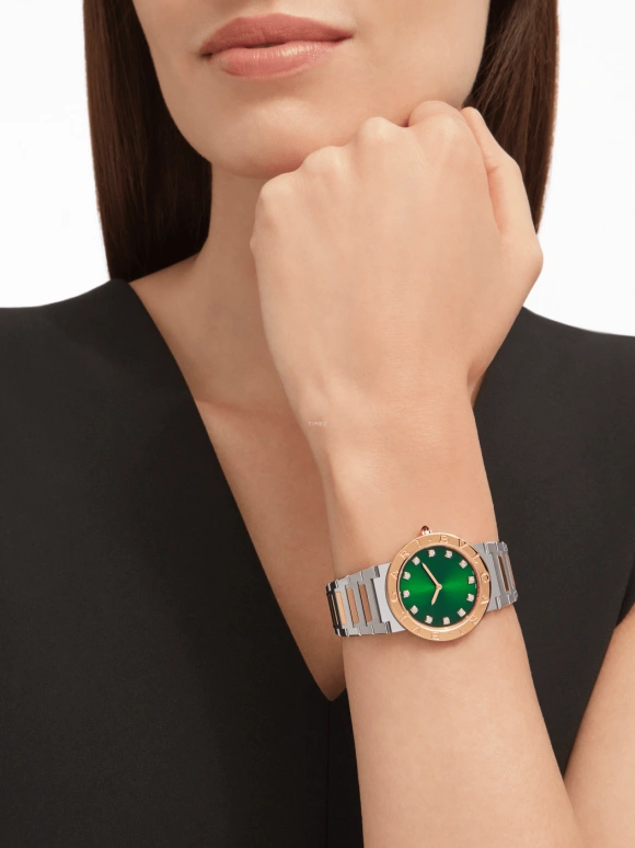 Bulgari,Bulgari Bulgari 33mm,33mm,Stainless Steel,Rose Gold,Green,Rose Gold,Diamonds,103202