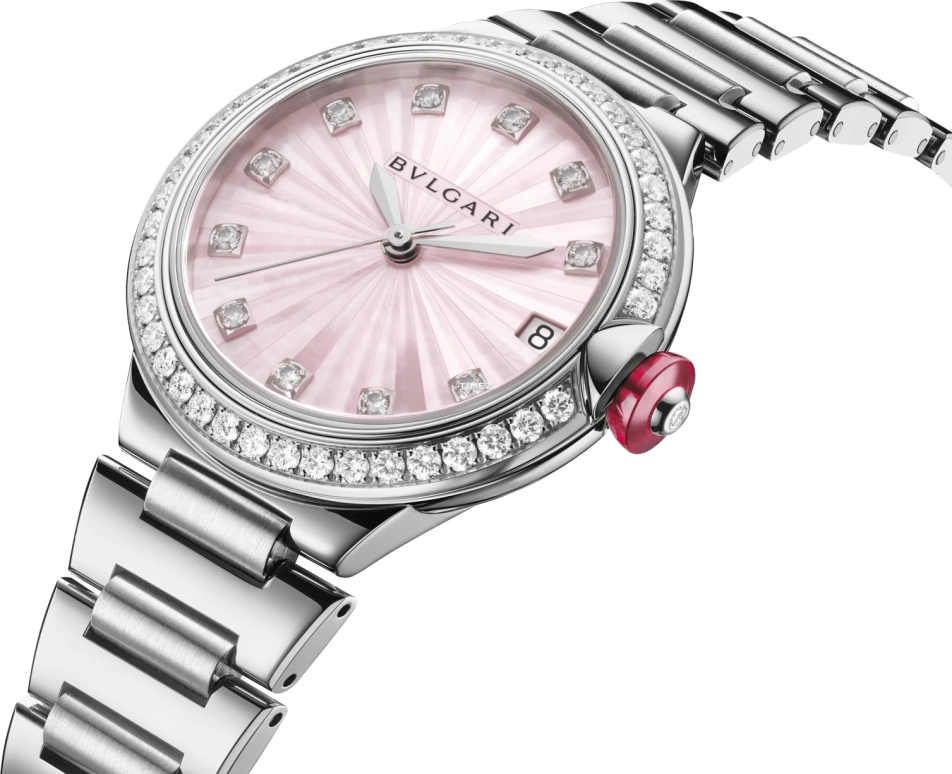 Bulgari,Lvcea 33mm,33mm,Stainless Steel,Pink Red,Automatic,Day,Sapphire,104106