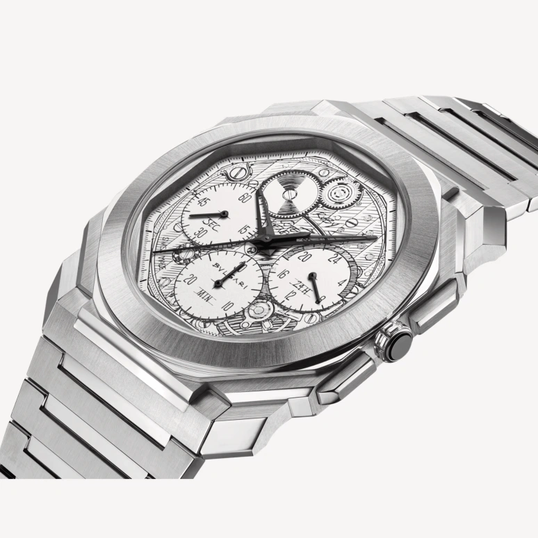Bulgari,Octo 43mm,43mm,Stainless Steel,Silver,White,Automatic,Chronograph,Dule Time,104192
