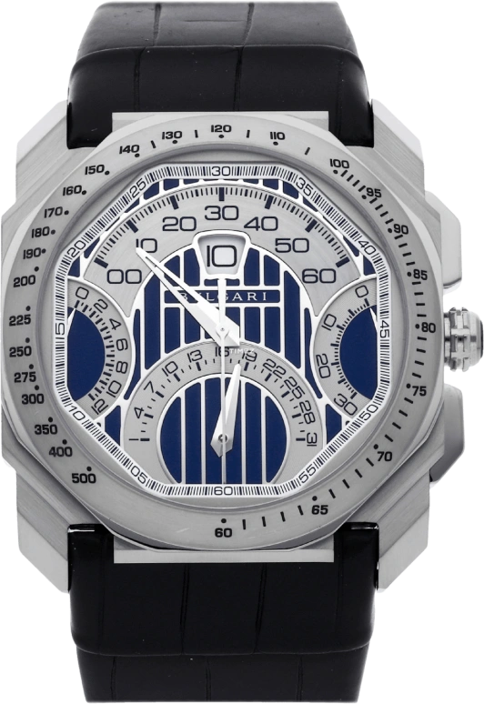 Bulgari,Octo 44.50x50.50mm,44.50x50.50mm,Stainless Steel,Blue,Automatic,Chronograph,Day,Jumping Hours,Flyback,38hours,In-house Caliber,101989