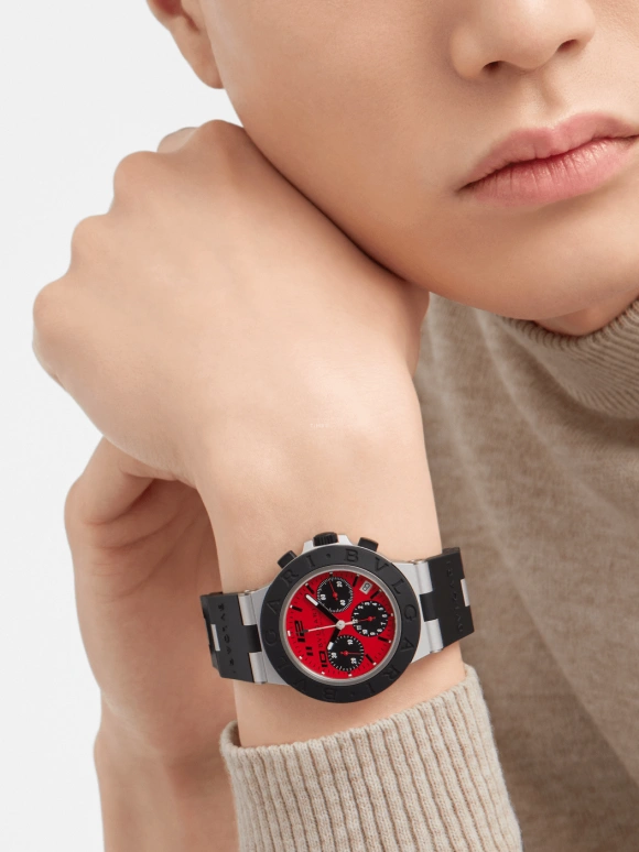 Bulgari,Other 40mm,40mm,Aluminium,Luminous,Black,Red,42hours,In-house Caliber,Sapphire,Crystal Glass,103701