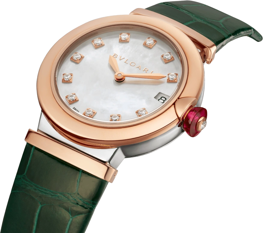 Bulgari,Lvcea 33mm,33mm,Stainless Steel,Rose Gold,White,Sapphire,Crystal Glass,Rose Gold,102640