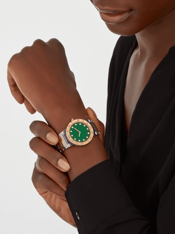 Bulgari,Bulgari Bulgari 33mm,33mm,Stainless Steel,Rose Gold,Green,Rose Gold,Diamonds,103202