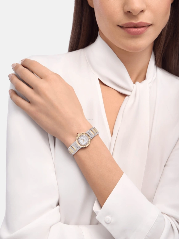 Bulgari,Bulgari Bulgari 23mm,23mm,Stainless Steel,Yellow Gold,White,Quartz,26280hours,In-house Caliber,104277