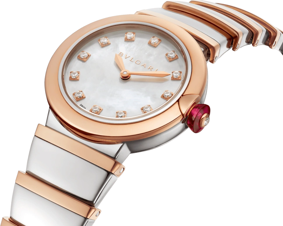 Bulgari,Lvcea 28mm,28mm,Stainless Steel,Rose Gold,Silver White,Quartz,In-house Caliber,Sapphire,Crystal Glass,102194