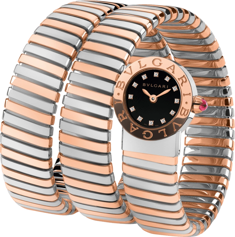Bulgari,Bulgari Bulgari 19mm,19mm,Stainless Steel,Rose Gold,Black,Rose,Diamonds,102496