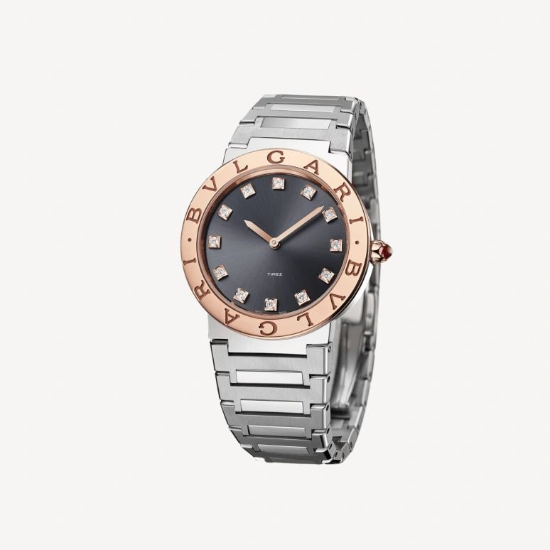 Bulgari,Bulgari Bulgari 33mm,33mm,Stainless Steel,Black,Smoky Gray,Coal Gray,Quartz,Round,Rose Gold,103757
