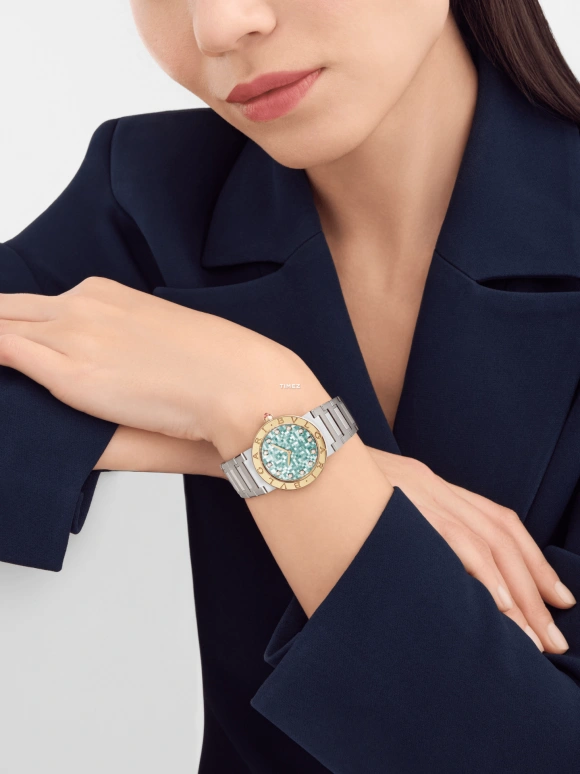 Bulgari,Bulgari Bulgari 33mm,33mm,Stainless Steel,Yellow Gold,Green,Quartz,In-house Caliber,Sapphire,104320