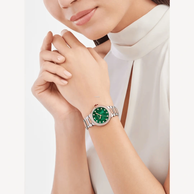 Bulgari,Lvcea 33mm,33mm,Stainless Steel,Rose Gold,Green,Automatic,Sapphire,Crystal Glass,Round,103731