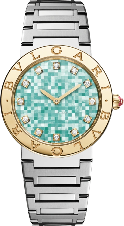 Bulgari,Bulgari Bulgari 33mm,33mm,Stainless Steel,Yellow Gold,Green,Quartz,In-house Caliber,Sapphire,104320